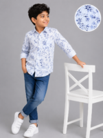 Boys' Blue & White Floral Striped Casual Full Sleeve Shirt - Image 4