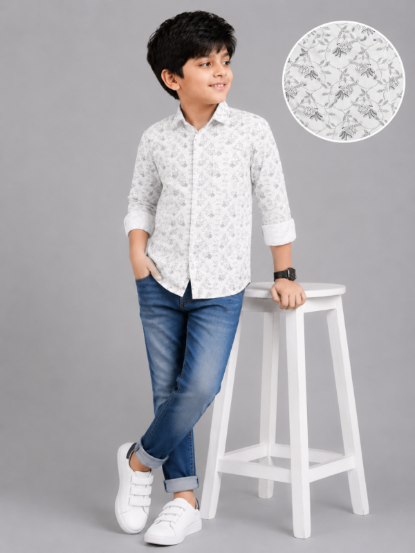 Boys' White & Grey Botanical Print Casual Full Sleeve Shirt - Image 2