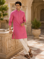 Vibrant Fuchsia Textured Cotton Kurta for Men - Image 3