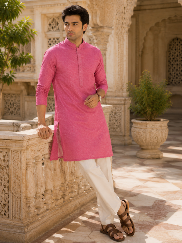 Vibrant Fuchsia Textured Cotton Kurta for Men - Image 3
