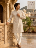 Elegant Beige Embroidered Cotton Kurta for Men - Image 3