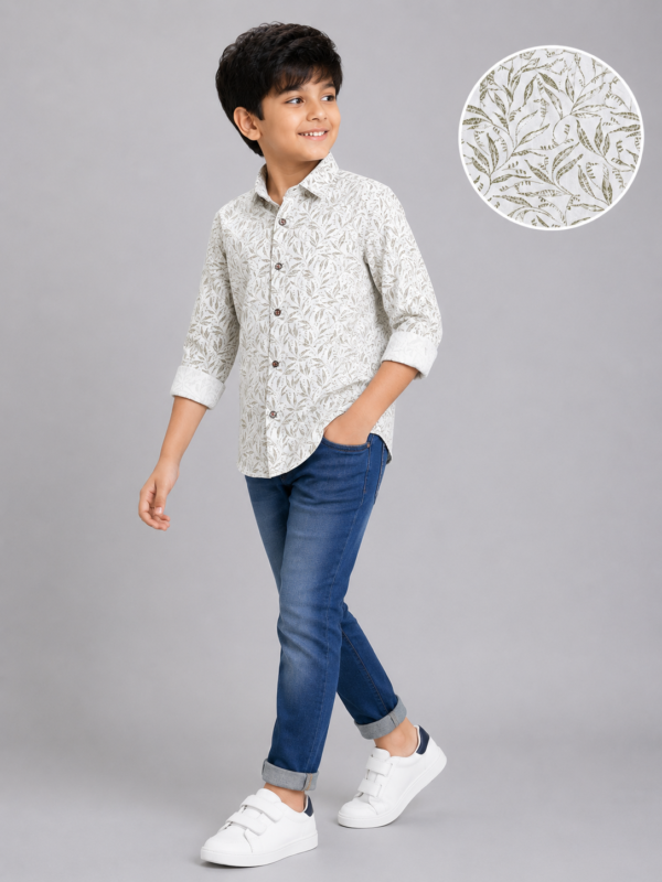 Boys' Olive Leaf Botanical Print Casual Shirt - Image 2