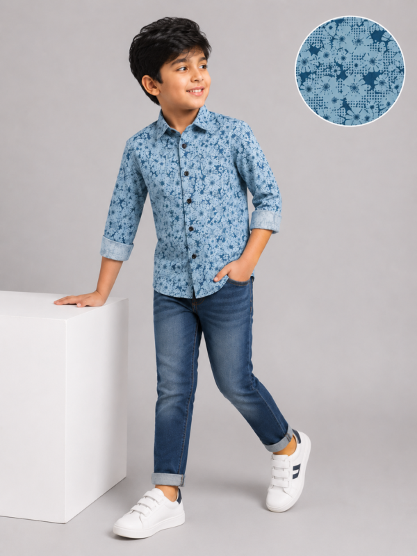 Boys' Stylish Blue Abstract Floral Print Casual Shirt - Image 2