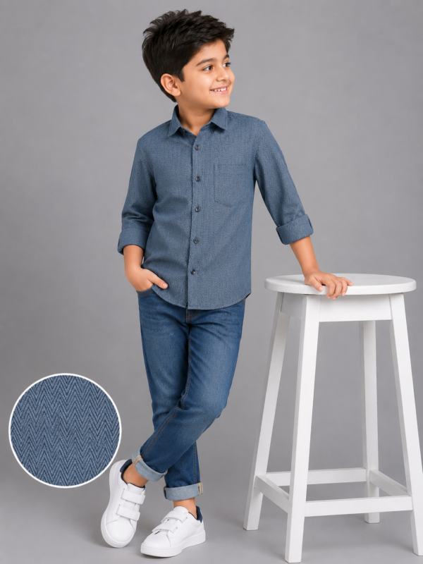 Boys' Stylish Denim Blue Chevron Textured Casual Shirt - Image 3