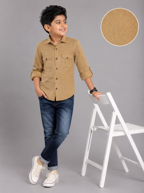 Boy's Textured Tan Utility Pocket Full Sleeve Shirt - Image 2