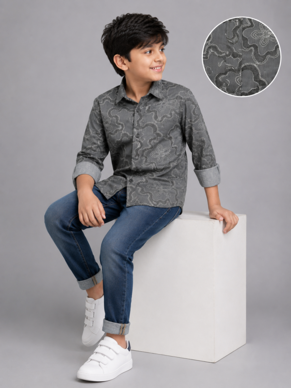 Boys Charcoal Grey Embroidered Casual Shirt - Image 4