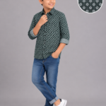 Boys' Stylish Green Geometric Print Long Sleeve Casual Shirt