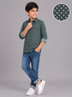 Boys' Stylish Green Geometric Print Long Sleeve Casual Shirt