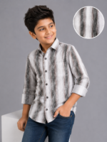 Boys' Stylish Grey & White Textured Stripe Full-Sleeve Shirt - Image 4