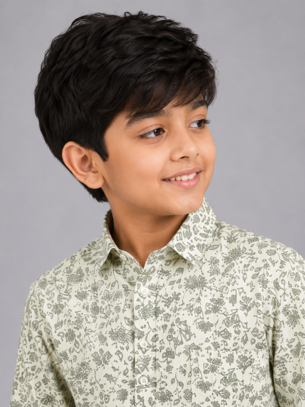 Boys' Sage Green Floral Print Casual Button-Down Shirt - Image 3