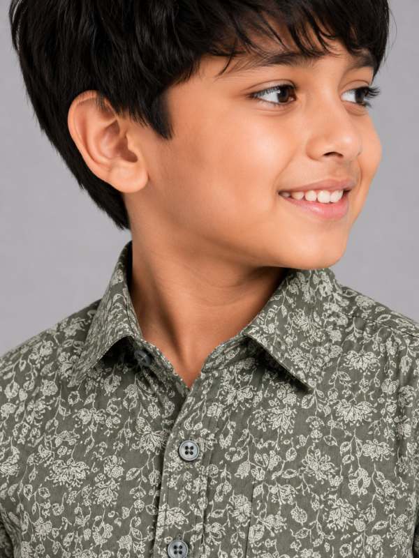 Boys' Olive Green Floral Print Casual Long Sleeve Shirt - Image 2