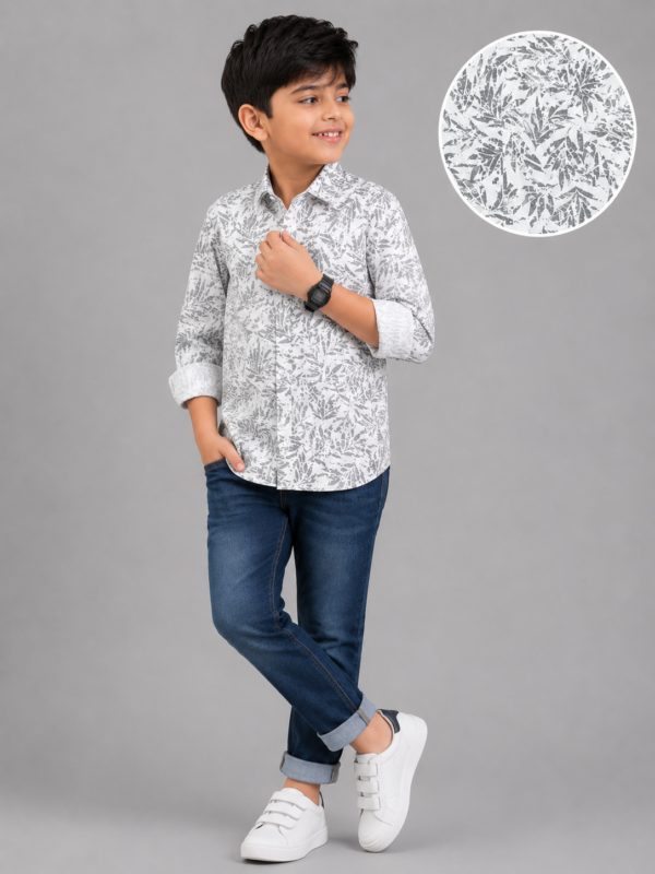 Boys' White & Grey Leaf Print Casual Shirt - Image 2