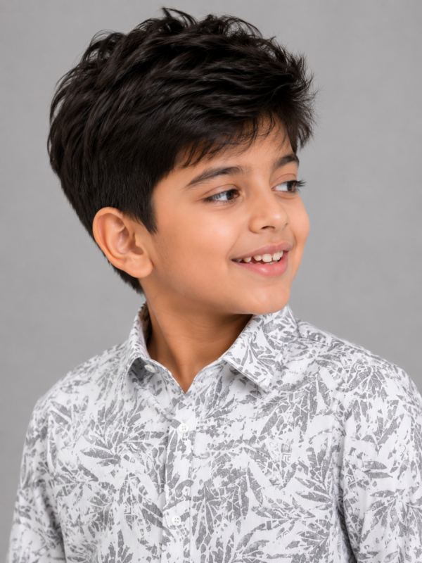 Boys' White & Grey Leaf Print Casual Shirt - Image 3