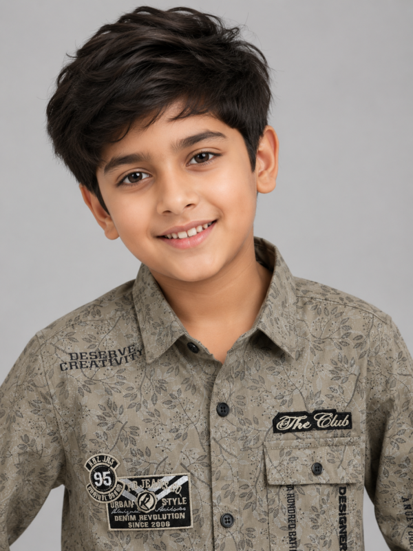 Boys' Olive Botanical Print Graphic Button-Down Shirt - Image 3
