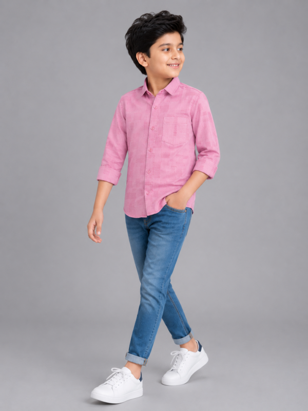 Boys' Pink Textured Weave Casual Button-Down Shirt - Image 3