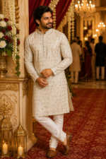Ivory Regal Embroidered Kurta Set for Men - Image 2