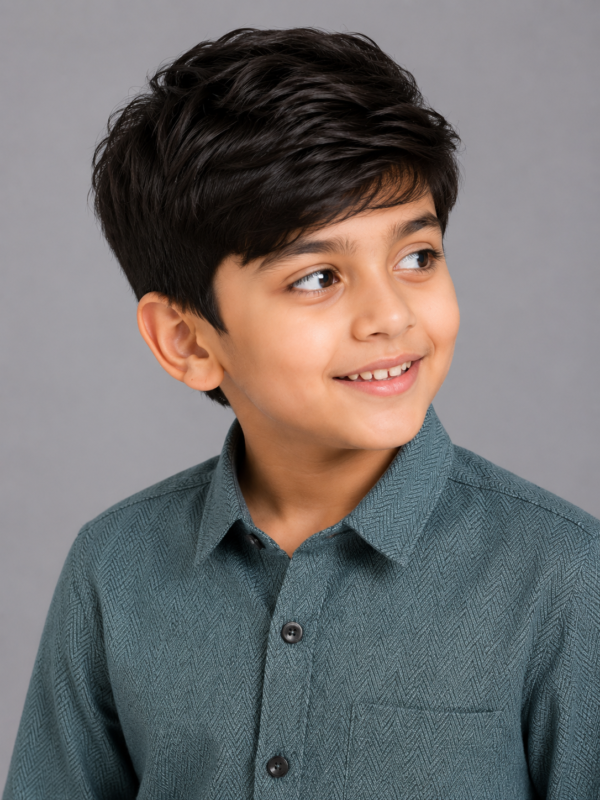 Boys Teal Herringbone Casual Button-Down Shirt - Image 2