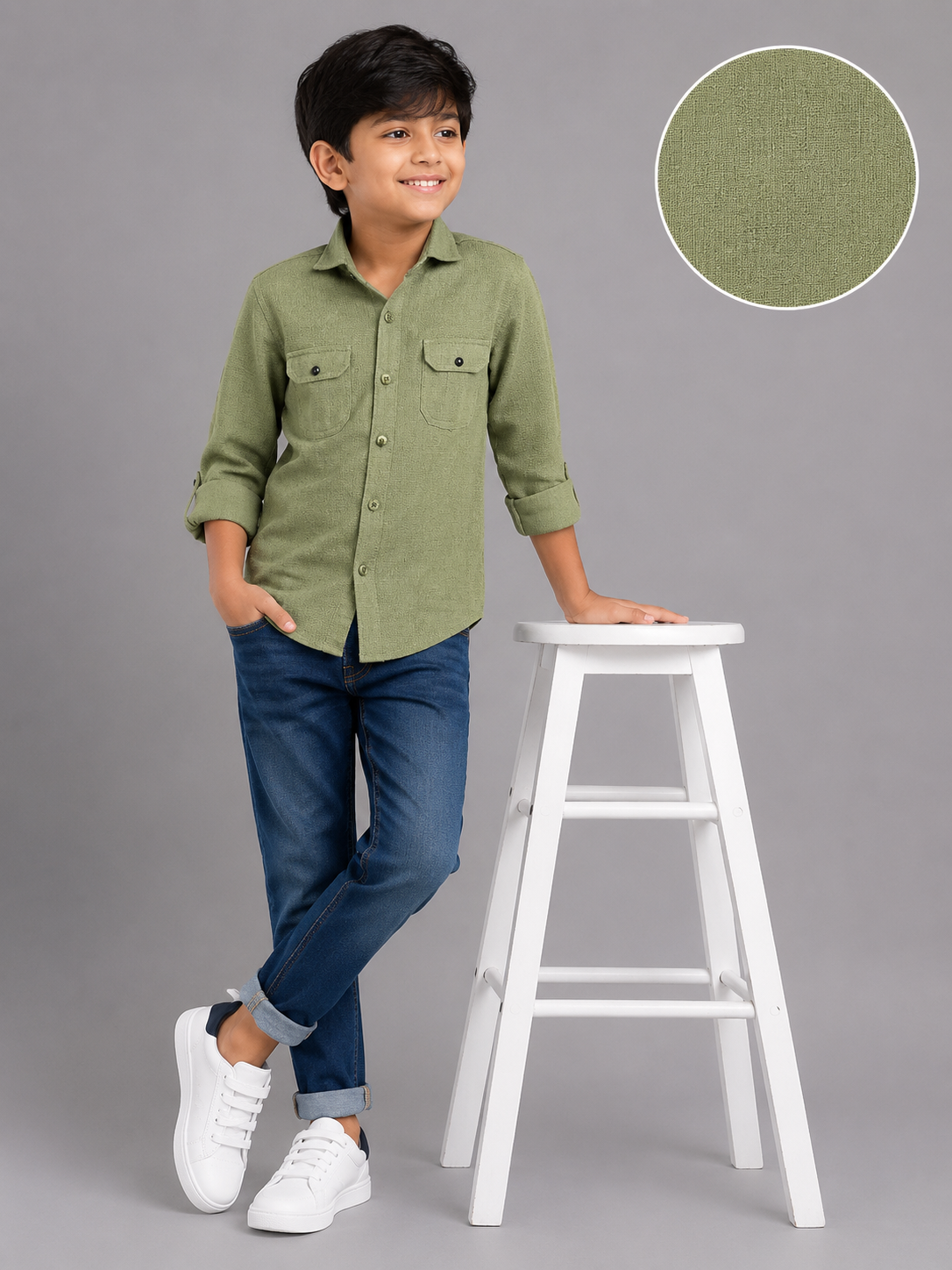 8640cf41-b4ed-453d-8ae3-dd388fe2f4d8-2 Boys' Olive Green Textured Full Sleeve Casual Shirt - Image 1