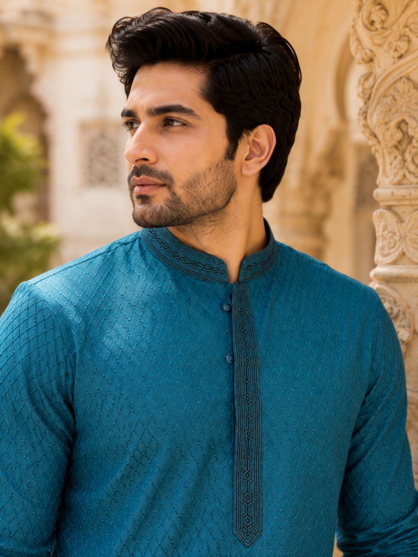 Royal Teal Textured Ethnic Kurta for Men - Image 4