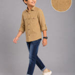 Boy's Textured Tan Utility Pocket Full Sleeve Shirt