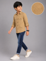 Boy's Textured Tan Utility Pocket Full Sleeve Shirt
