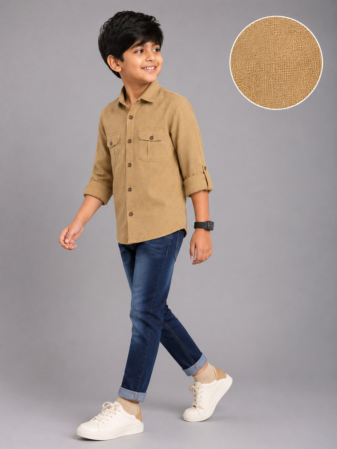 Boy's Textured Tan Utility Pocket Full Sleeve Shirt
