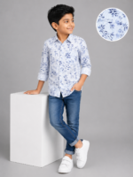 Boys' Blue & White Floral Striped Casual Full Sleeve Shirt - Image 2