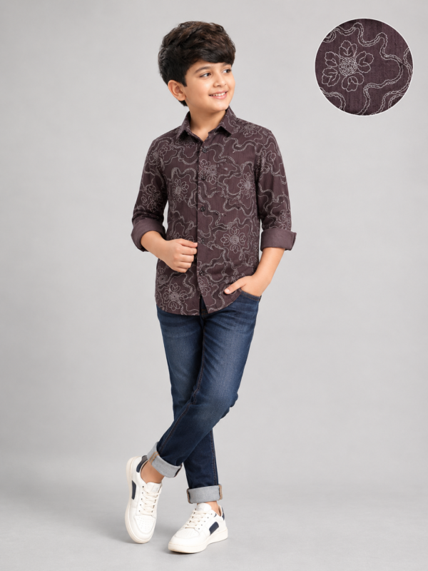 Boys' Elegant Floral & Swirl Print Shirt - Rich Brown - Image 3