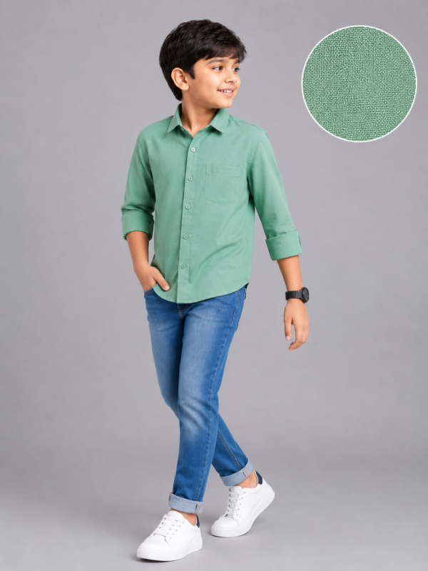 Boys Sage Green Textured Cotton Casual Shirt - Image 4