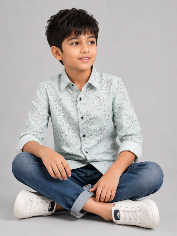 Boys' Mint Green Floral Print Casual Shirt - Image 2