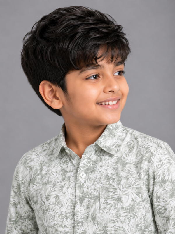 Boys' Sage Green Leaf Print Casual Button-Down Shirt - Image 2