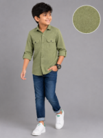Boys' Olive Green Textured Full Sleeve Casual Shirt - Image 3
