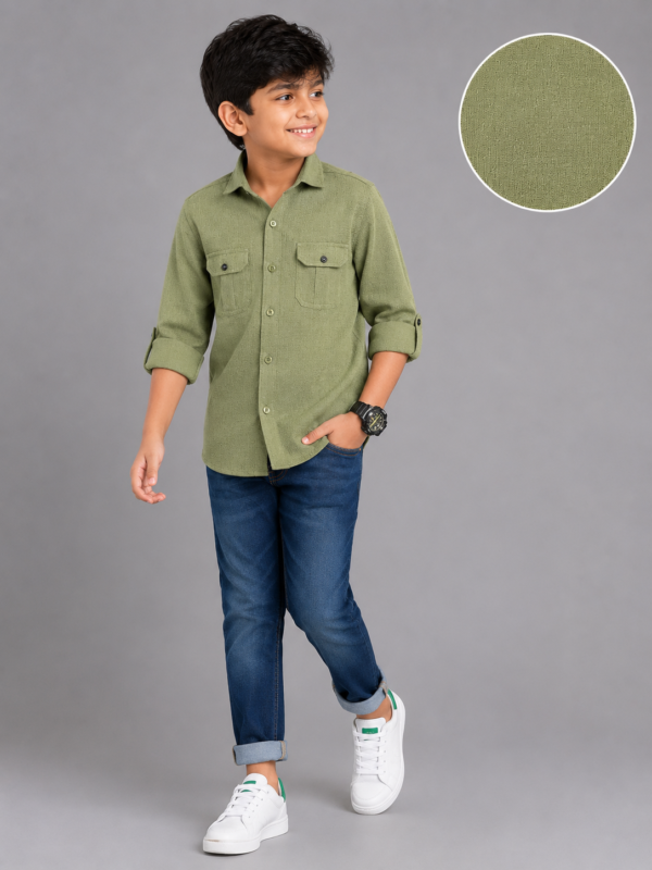 Boys' Olive Green Textured Full Sleeve Casual Shirt - Image 3