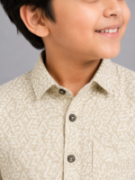 Boys' Stylish Beige Geometric Print Long Sleeve Button-Down Shirt - Image 3