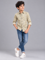 Boys' Sage Green Leaf Print Cotton Casual Shirt - Image 3