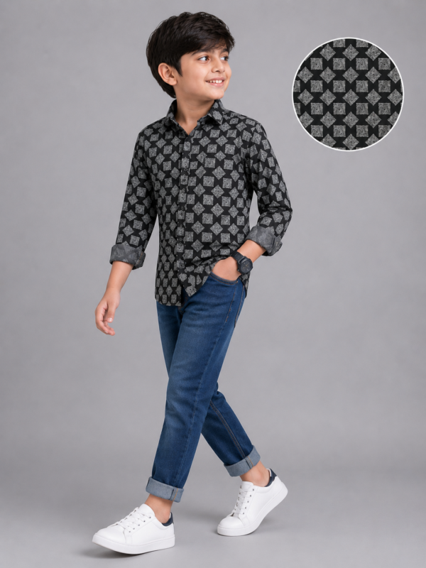 Boys' Stylish Black Geometric Print Casual Shirt - Image 4