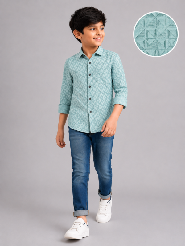 Boys' Geo-Pattern Mint Green Long Sleeve Button-Up Shirt - Image 3