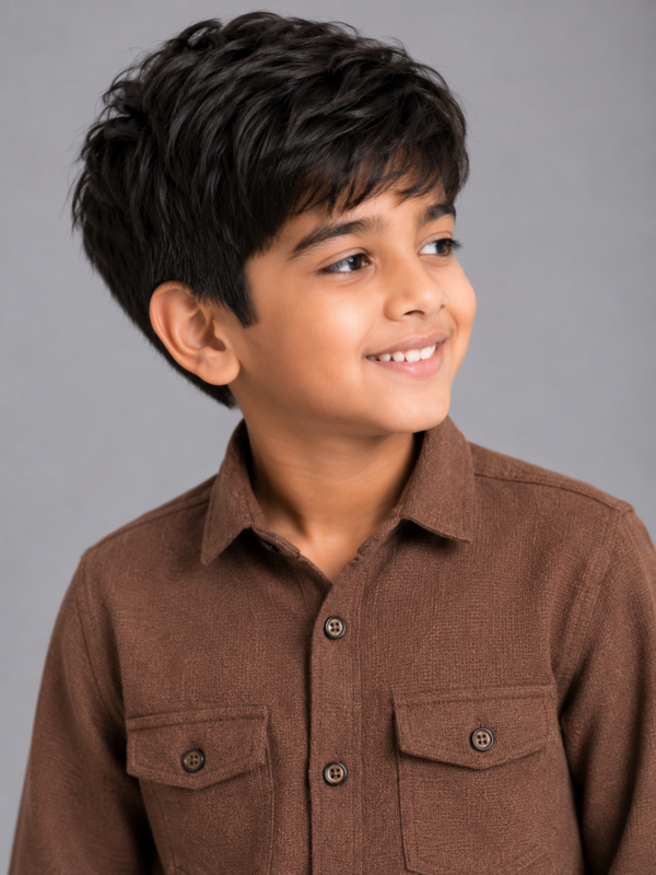 Boys' Rustic Brown Textured Long Sleeve Button-Down Shirt - Image 2