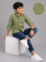 Boys' Olive Green Textured Full Sleeve Casual Shirt - Image 2