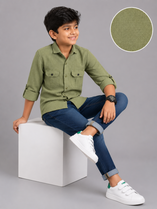 Boys' Olive Green Textured Full Sleeve Casual Shirt - Image 2