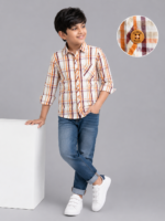 Boys' Casual Orange & Brown Plaid Cotton Shirt - Image 2