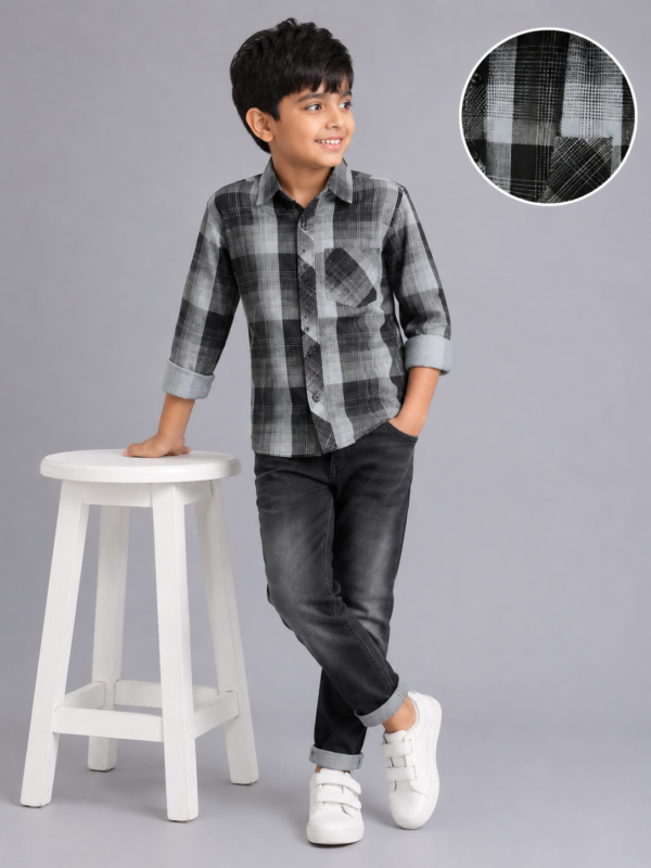 Boys' Stylish Grey & Black Plaid Casual Shirt - Image 2