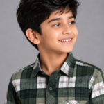 Boys' Stylish Green & White Plaid Button-Down Shirt