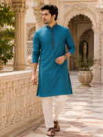 Royal Teal Textured Ethnic Kurta for Men - Image 3