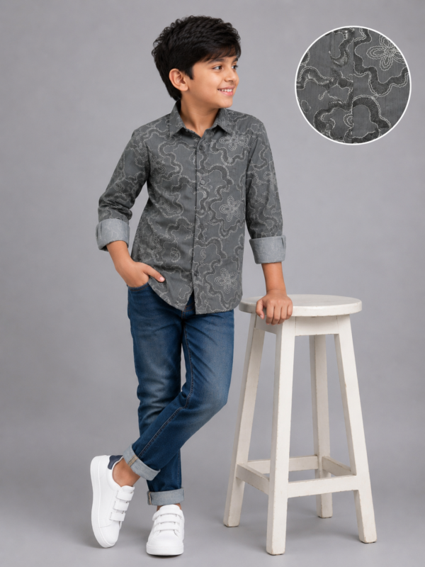 Boys Charcoal Grey Embroidered Casual Shirt - Image 2