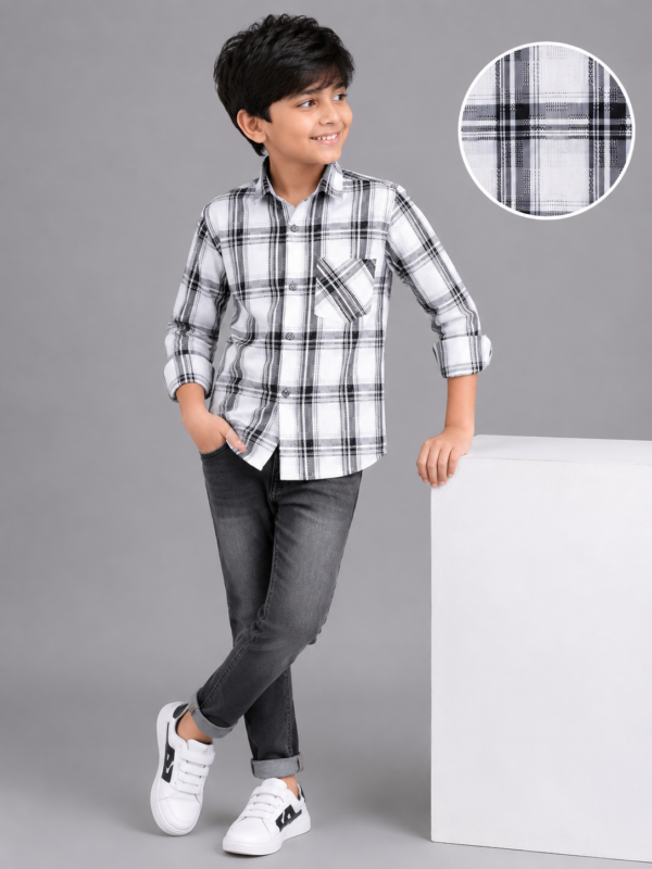 Boys' Black & White Plaid Casual Full Sleeve Shirt - Image 3