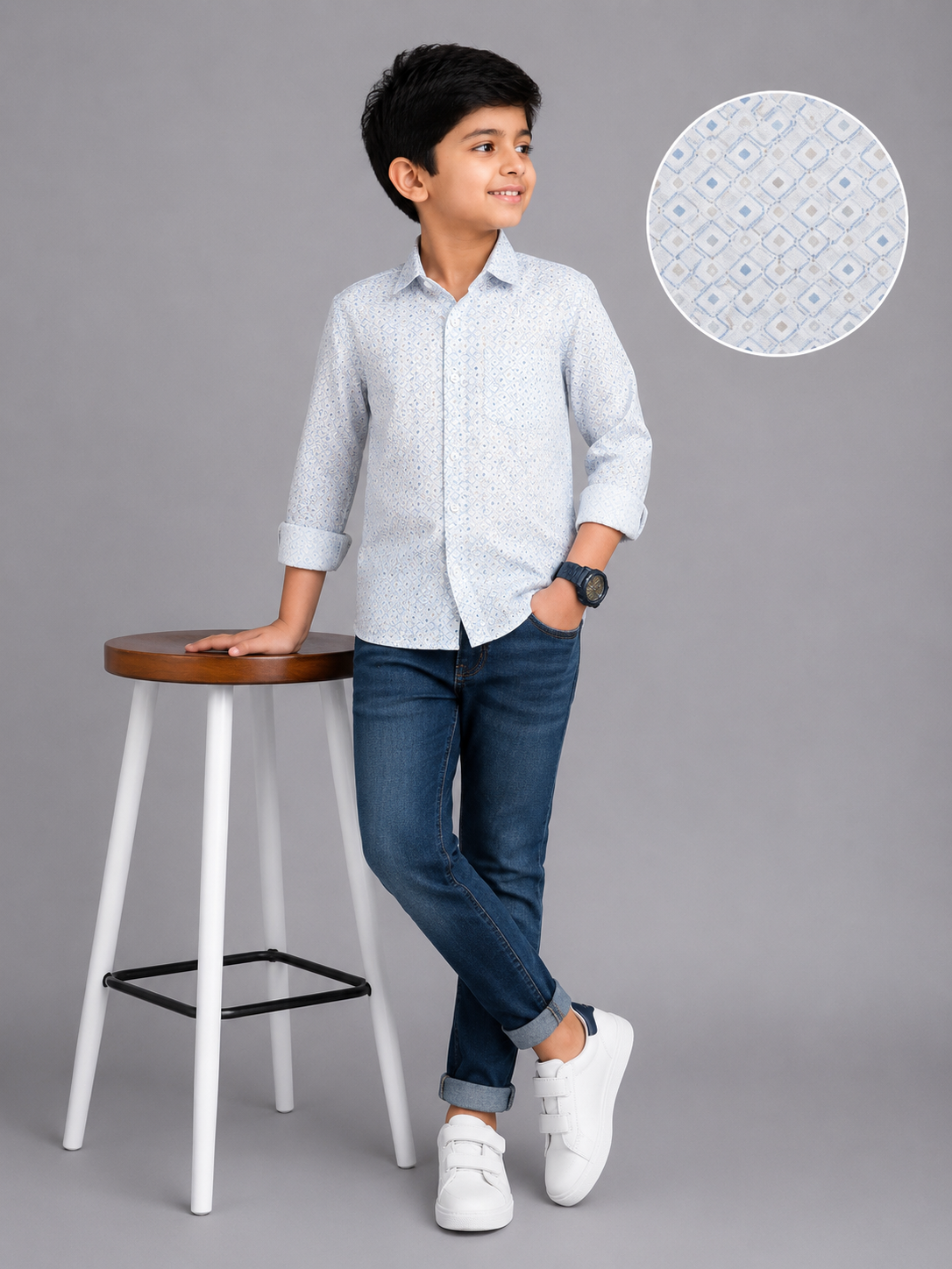 9c9c44e8-f682-45da-89b9-b6a643a23758 Boys' Stylish Light Blue Geometric Print Casual Shirt - Image 1