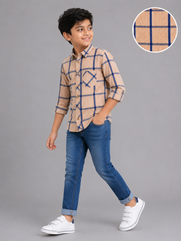 Boys' Tan & Navy Plaid Cotton Casual Shirt - Image 4