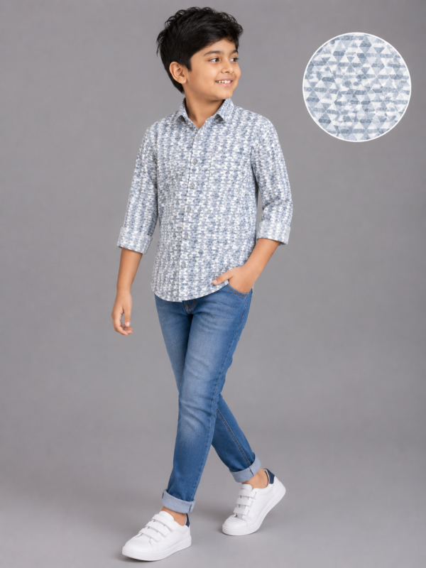 Boys' Blue Grey Geometric Print Full Sleeve Casual Shirt - Image 3