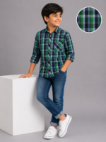 Boys' Stylish Green & Navy Plaid Casual Button-Up Shirt - Image 4